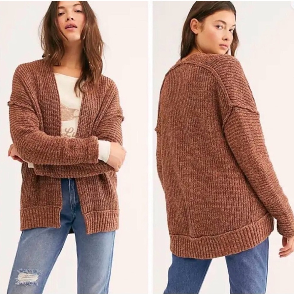 Free People High Hopes Cardigan Sweater Medium Brown Fisheraman Boho Chunky Prep - Picture 2 of 12